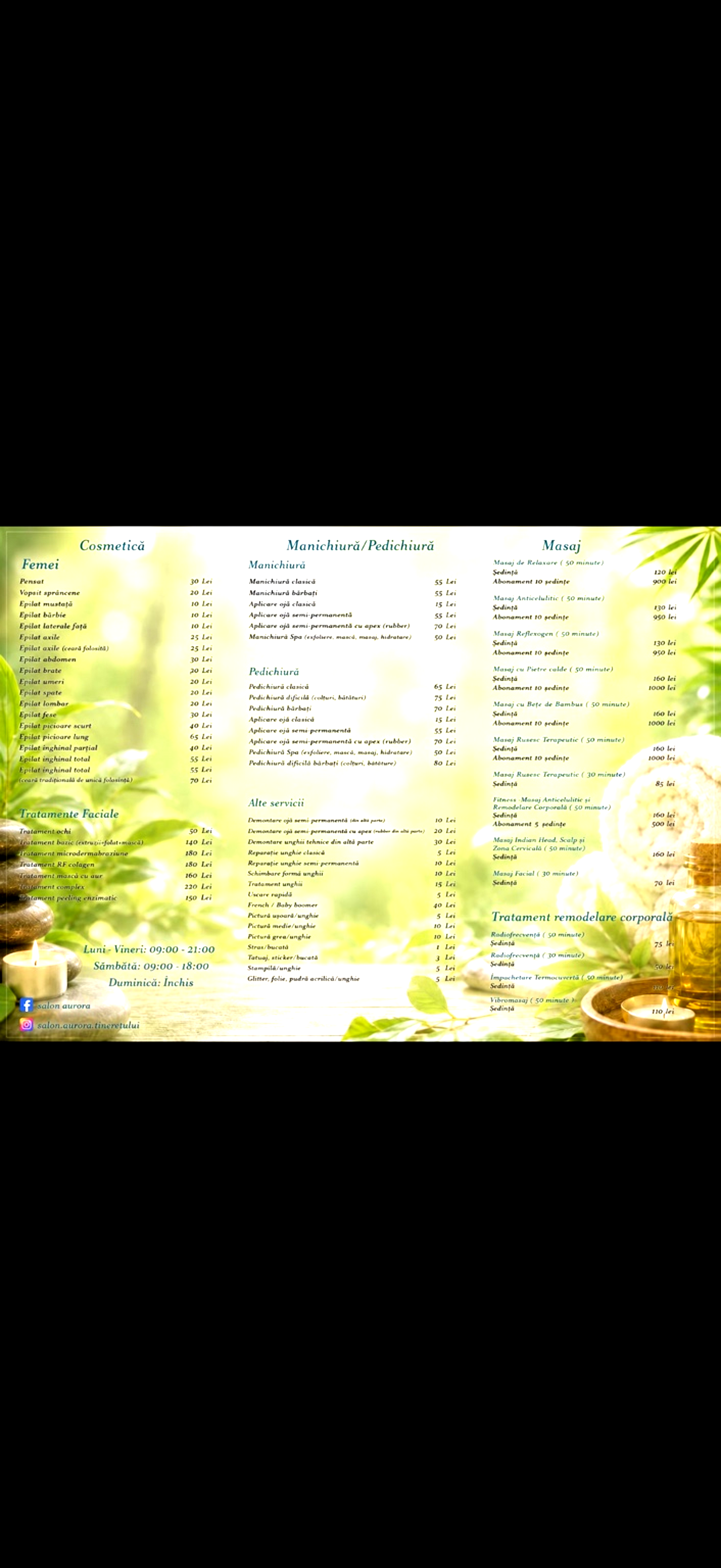 Lista de prețuri Aurora Salon